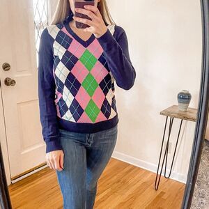 Lilly Pulitzer Argyle Plaid V Neck Sweater
